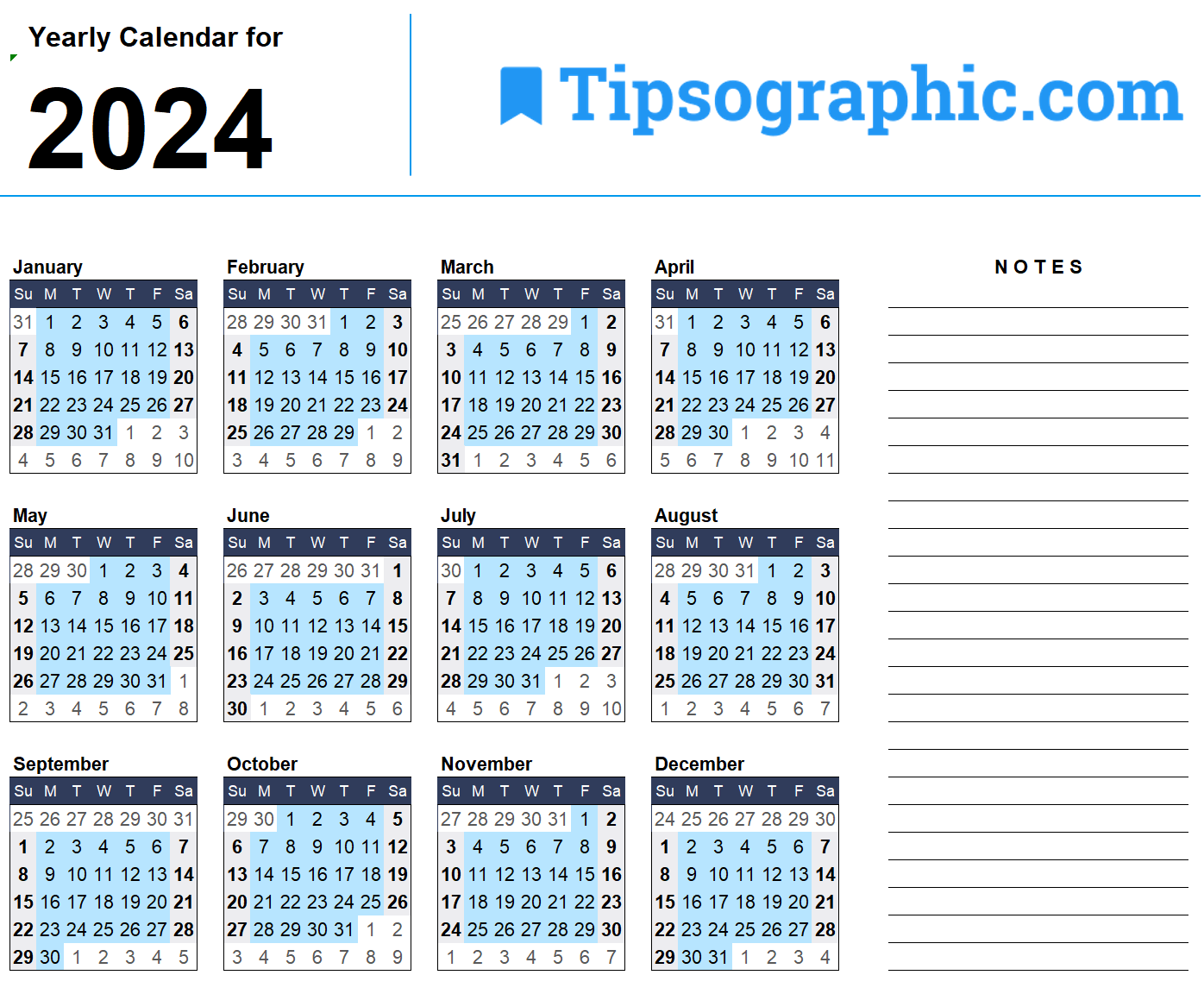 2024 Yearly Calendar Excel Tipsographic 1 